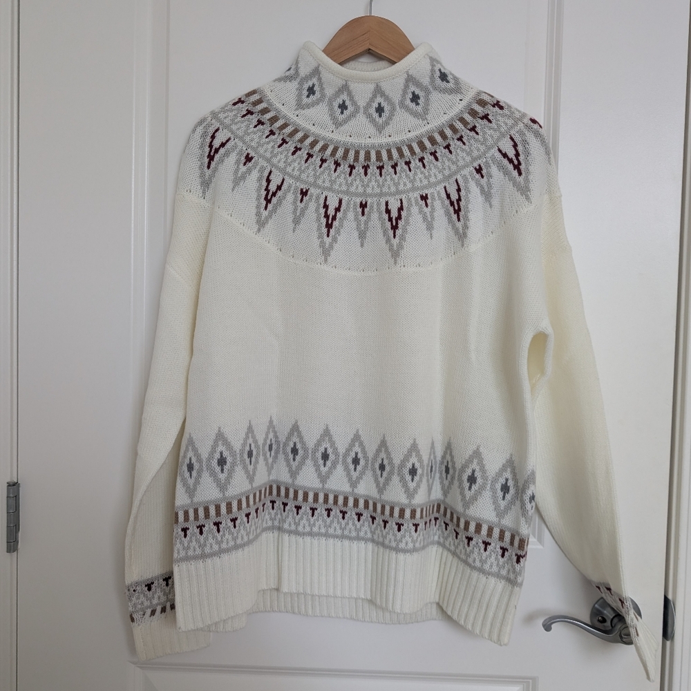 Cozy White and Brown Patterned Mock Neck Sweater